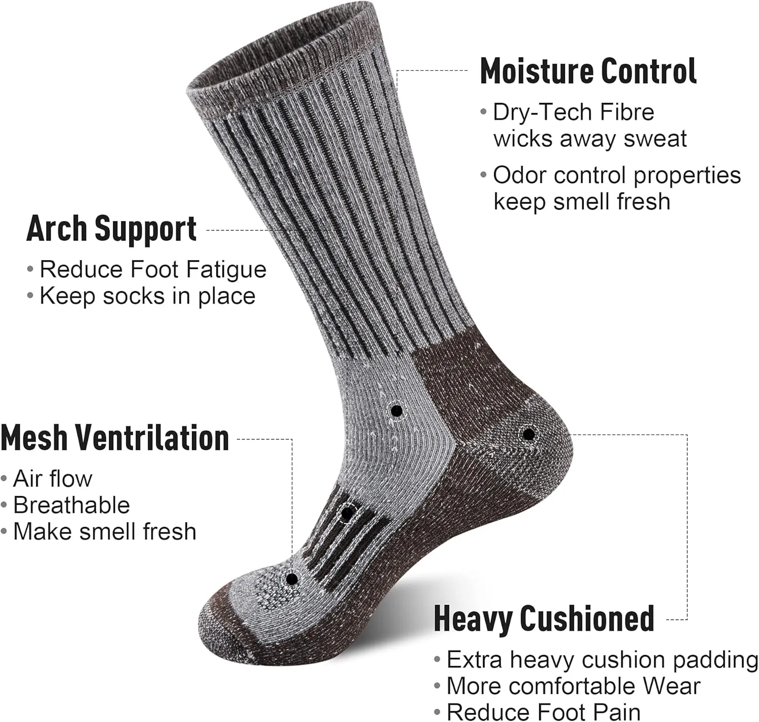 ECOEY Men's Merino Wool Cushioned Hiking Trekking Crew Socks 4 Pairs, Middle Calf Length with Moisture Wicking