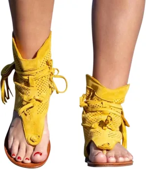 Eduavar Sandals Women Comfortable, Orthopedic Sandals for Women Bohemian Gladiator Fringe Flat Clip Toe Ankle Boots
