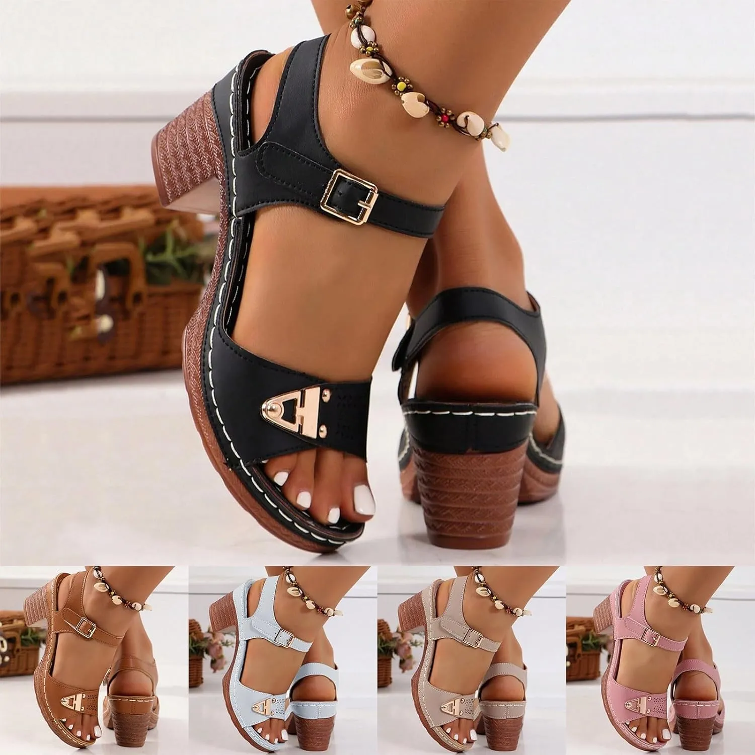 Eduavar Women's Wedge Sandals, Orthopedic Leather Peep Toe Cutout Zipper Chunky Heeled Sandals in White, Brown for Casual Wear
