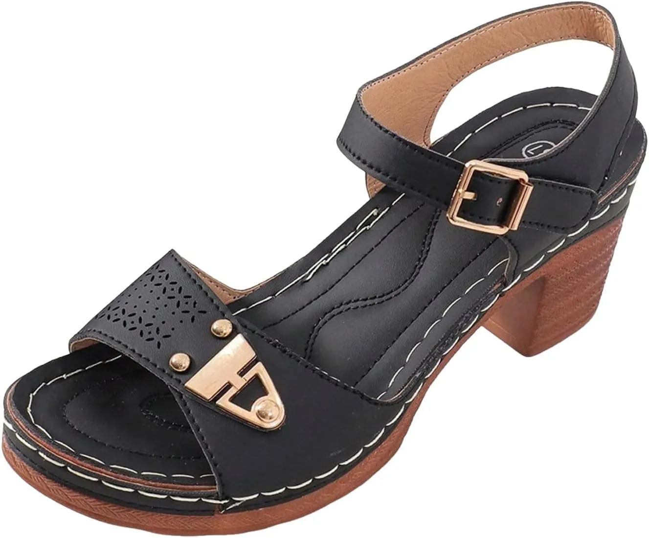 Eduavar Women's Wedge Sandals, Orthopedic Leather Peep Toe Cutout Zipper Chunky Heeled Sandals in White, Brown for Casual Wear