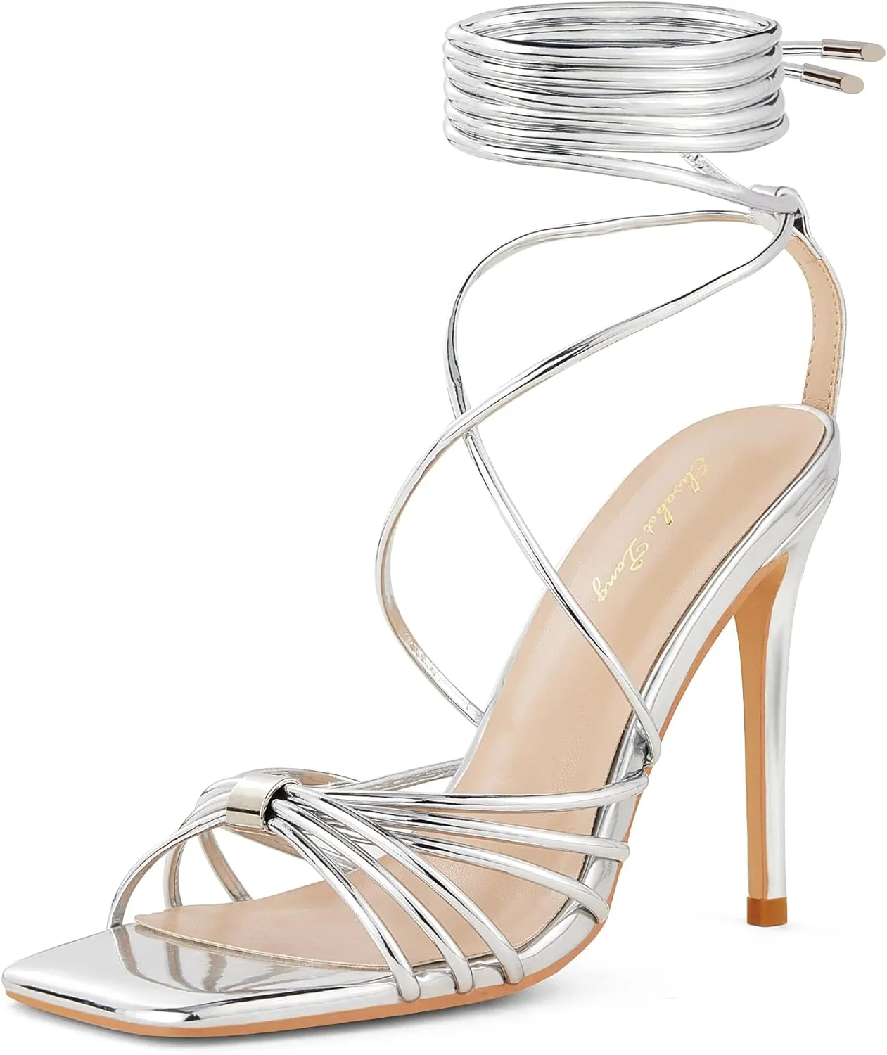 Elisabet Tang Women Strappy Heeled Sandals Lace Up 4 Inch Stilettos Square Open Toe High Heels Ankle Strap for Prom Party Evening