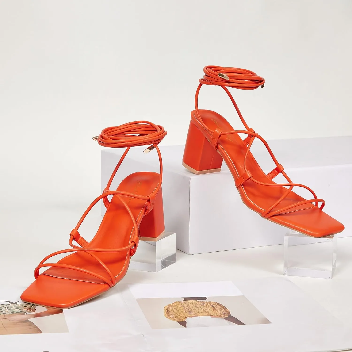 Elisabet Tang Women's High Heeled Sandals 2.4 Inches Chunky Strappy Lace Up Block Heels Square Open Toe at Wedding Party Prom Work Dating