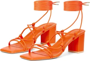 Elisabet Tang Women's High Heeled Sandals 2.4 Inches Chunky Strappy Lace Up Block Heels Square Open Toe at Wedding Party Prom Work Dating