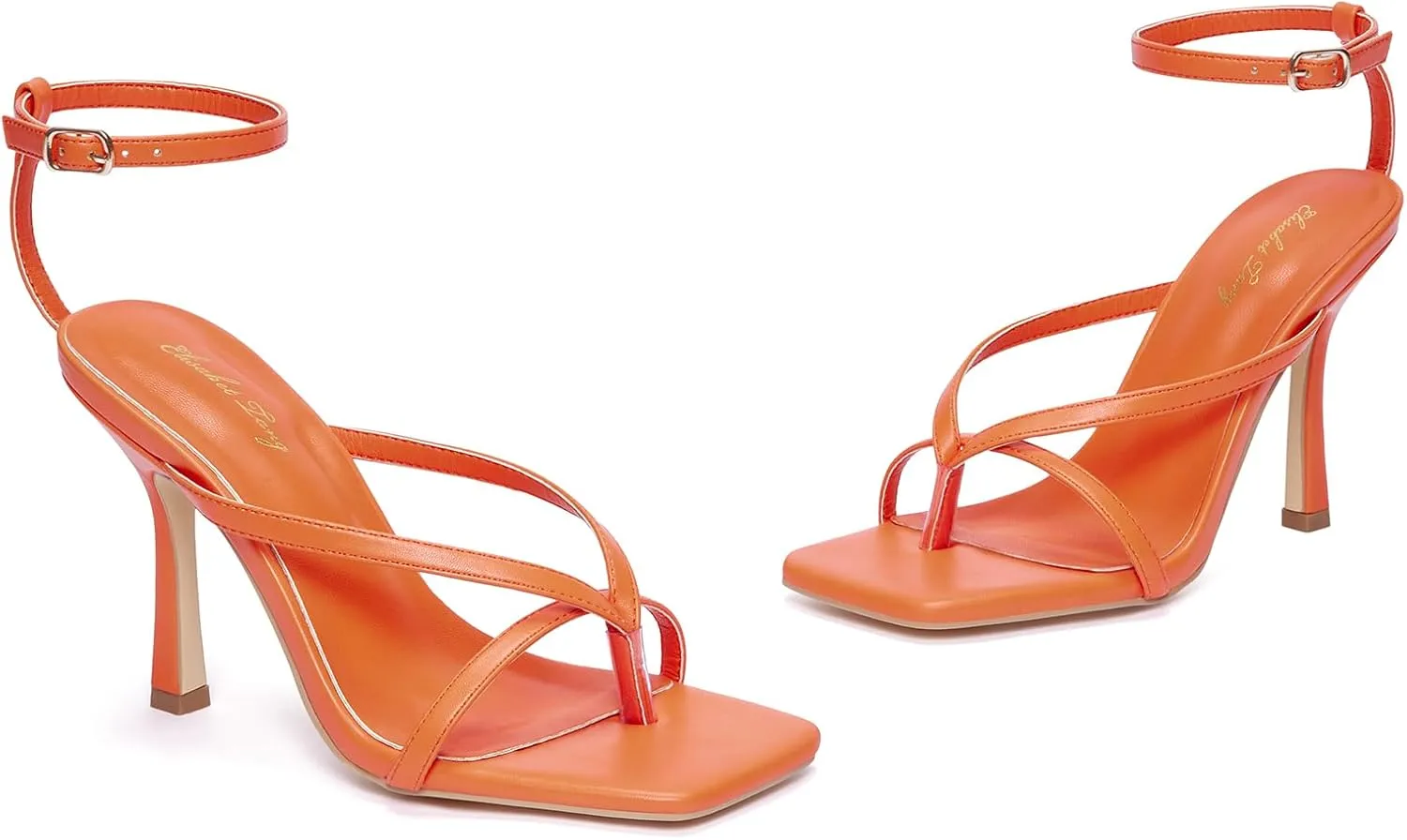Elisabet Tang Womens Square Toe Heeled Sandals,4.3 inch Square Toe Thong Strappy Ankle Strap Stiletto Heel Sandals Wedding Dress Party Shoes