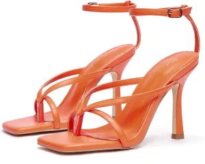 Elisabet Tang Womens Square Toe Heeled Sandals,4.3 inch Square Toe Thong Strappy Ankle Strap Stiletto Heel Sandals Wedding Dress Party Shoes