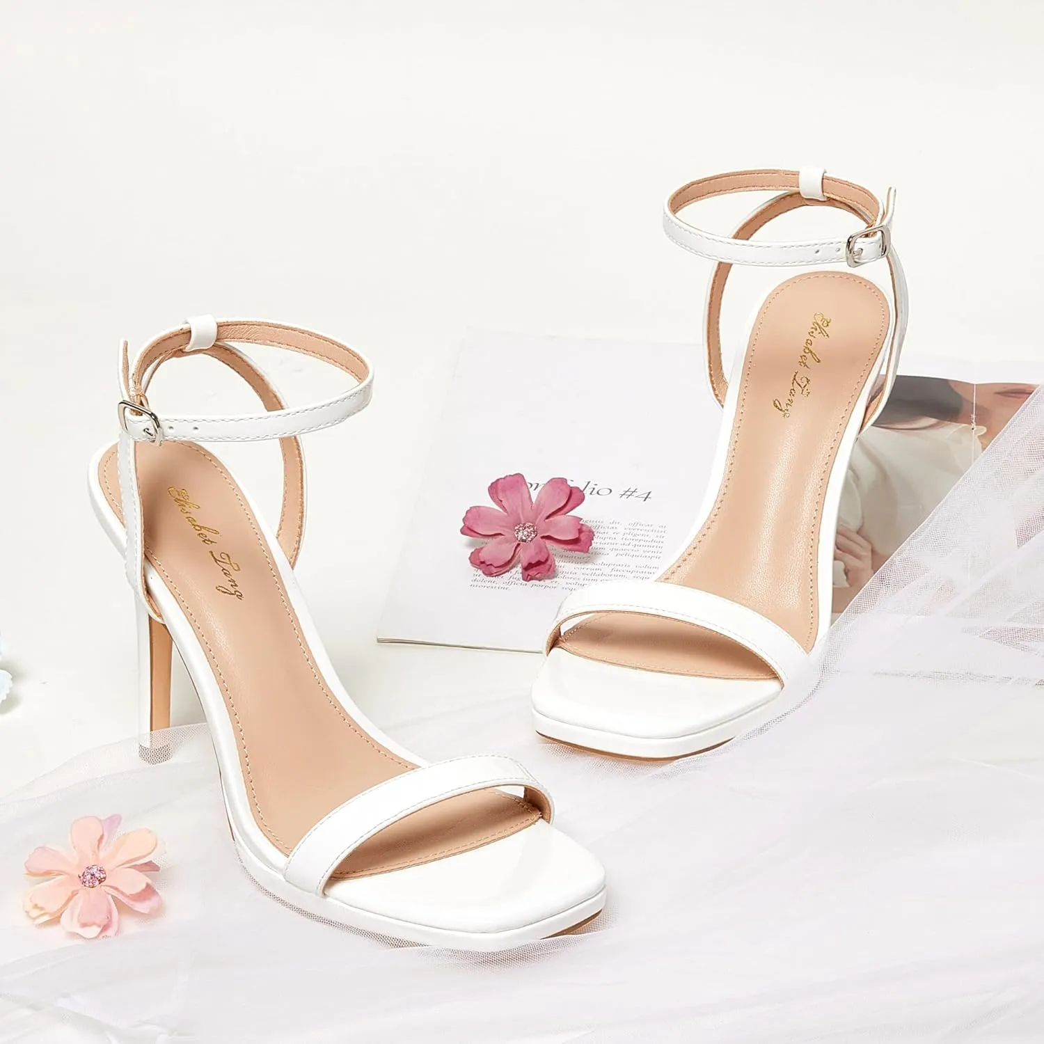 Elisabet Tang Women’s Stilettos Heeled Sandals Open Square Toe Heels,4.3 Inch Open Toe Strappy Sexy High Heels Ankle Strap Buckle Heels for Party Wedding Dress Daily Wear Shoes
