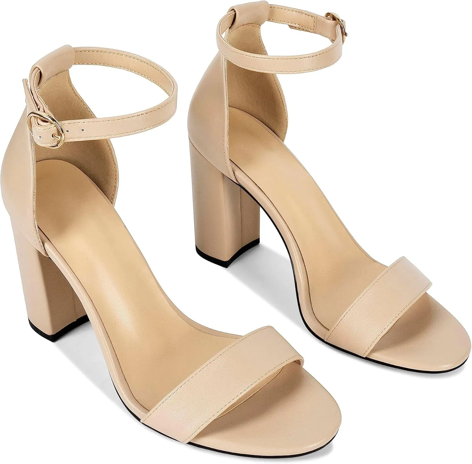 Fericzot Heels for Women Open Toe Ankle Strap Chunky High Heel Pumps Party Wedding Shoes Strappy Buckle Sandals 3.35 Inches