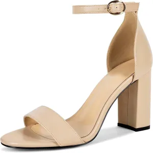 Fericzot Heels for Women Open Toe Ankle Strap Chunky High Heel Pumps Party Wedding Shoes Strappy Buckle Sandals 3.35 Inches