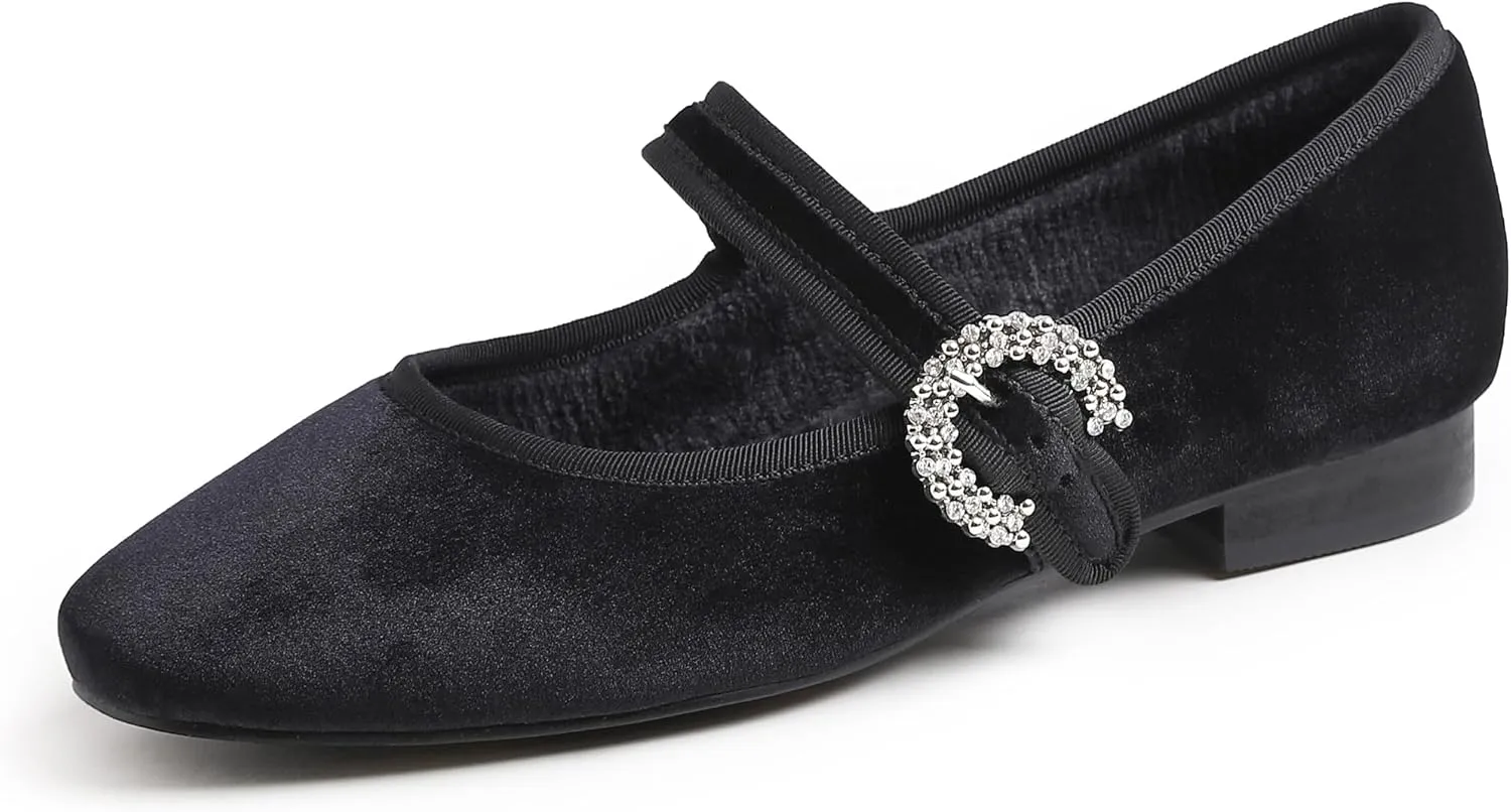 FEVERSOLE Women's Mary Jane Fashion Square Toe Easy Buckle Low Heel Slip On Flats