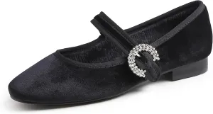 FEVERSOLE Women's Mary Jane Fashion Square Toe Easy Buckle Low Heel Slip On Flats