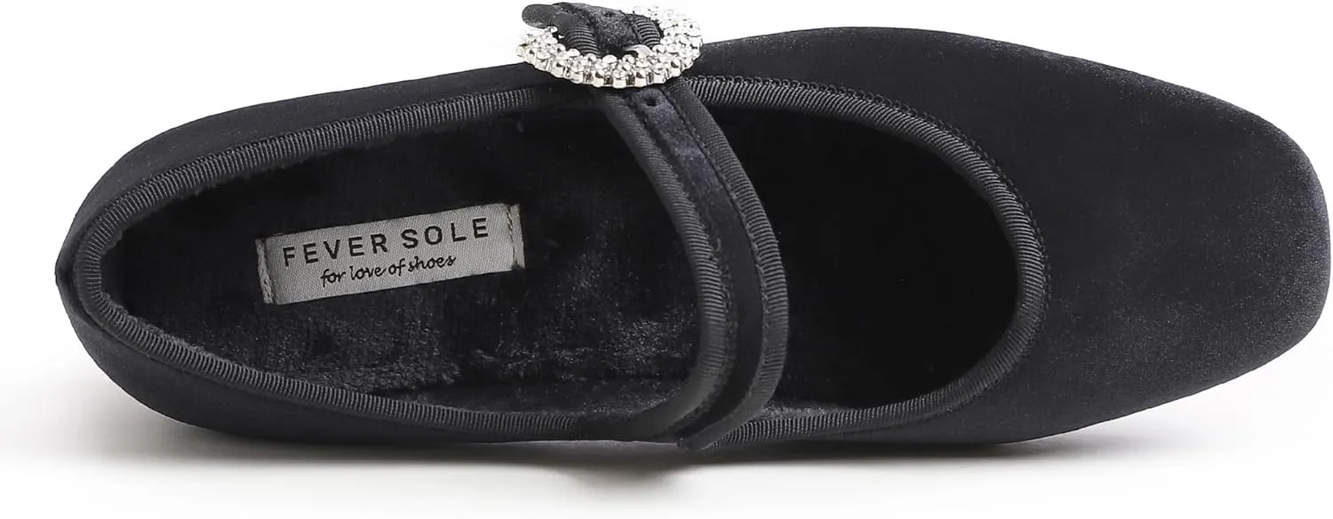 FEVERSOLE Women's Mary Jane Fashion Square Toe Easy Buckle Low Heel Slip On Flats
