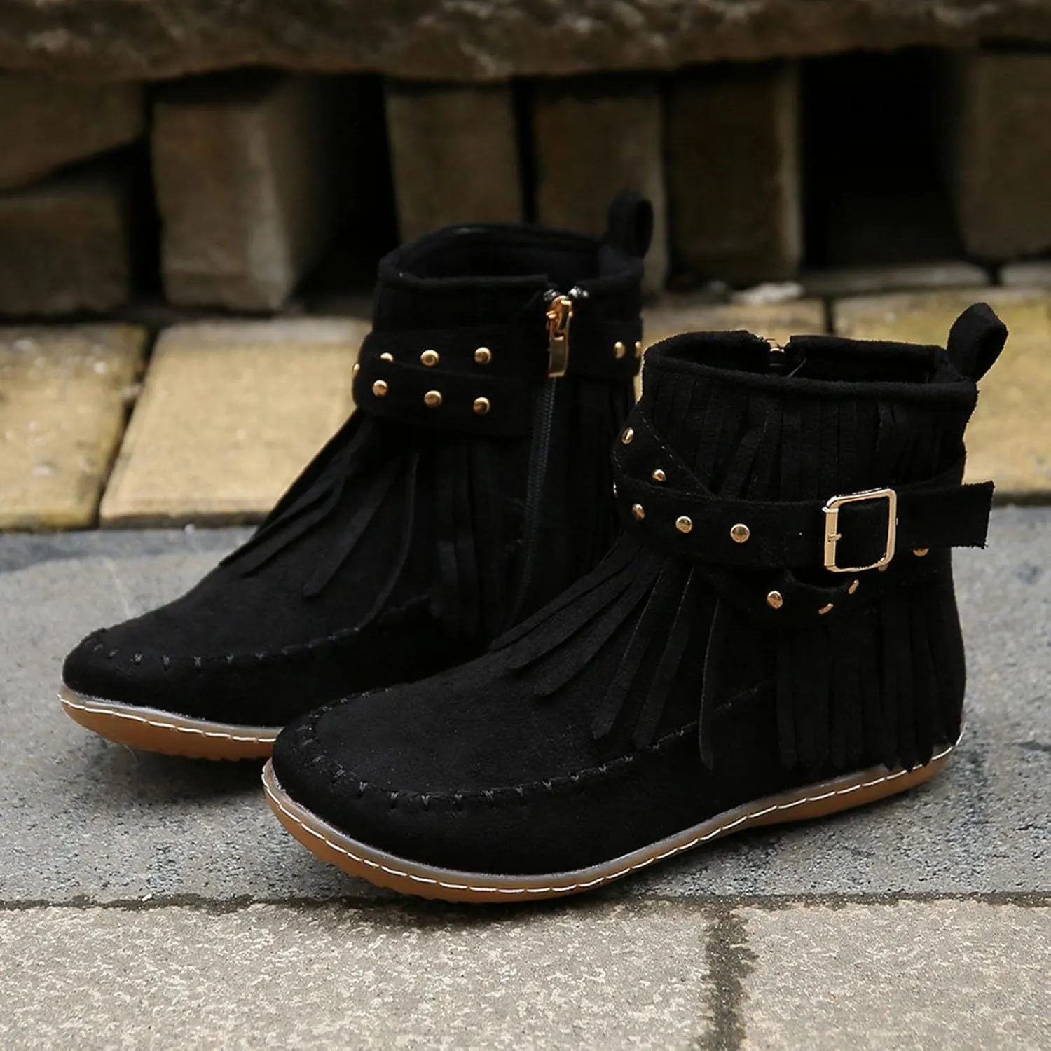 Flats Suede Boots For Women Fringe Cowboy Boots Low Heel Moccasin Boots Winter Warm Slouch Boots Short Boots