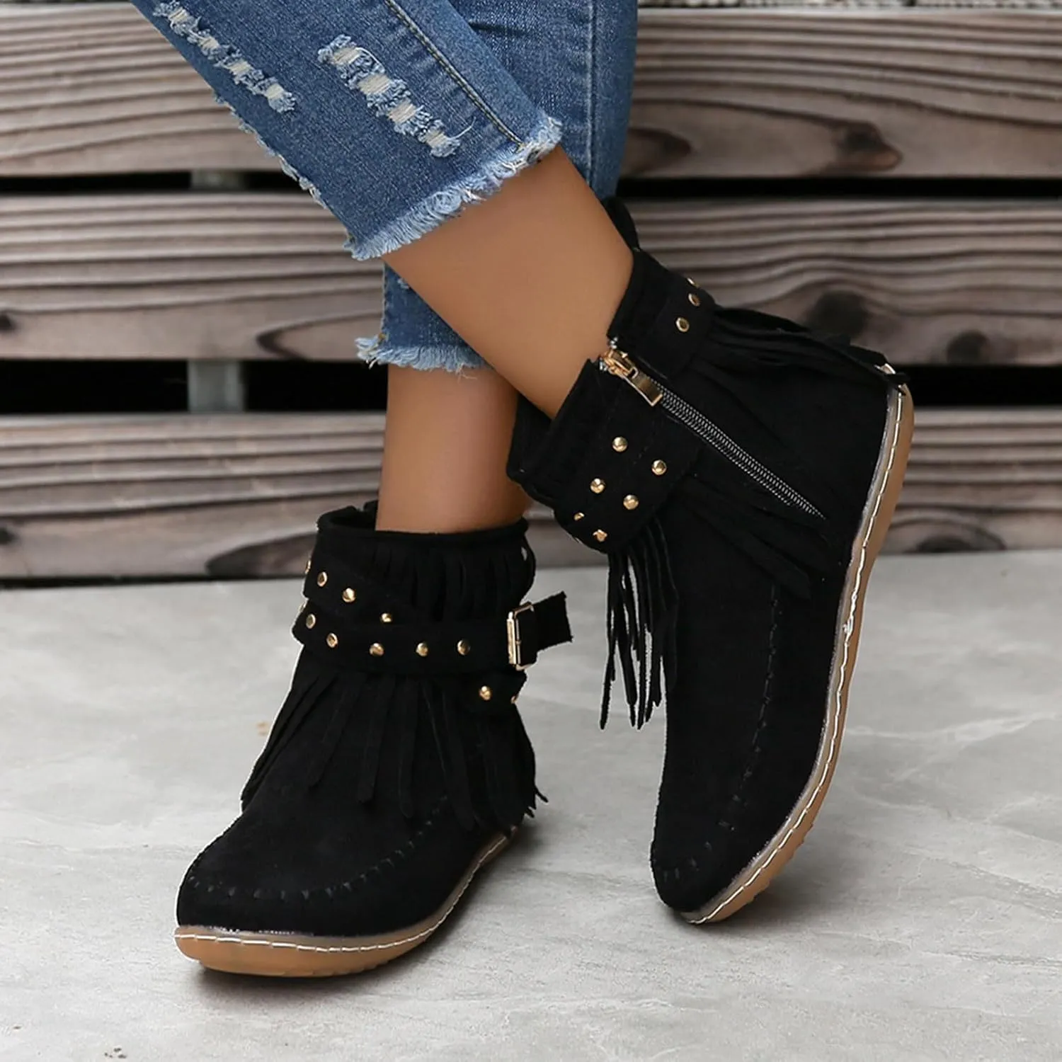 Flats Suede Boots For Women Fringe Cowboy Boots Low Heel Moccasin Boots Winter Warm Slouch Boots Short Boots