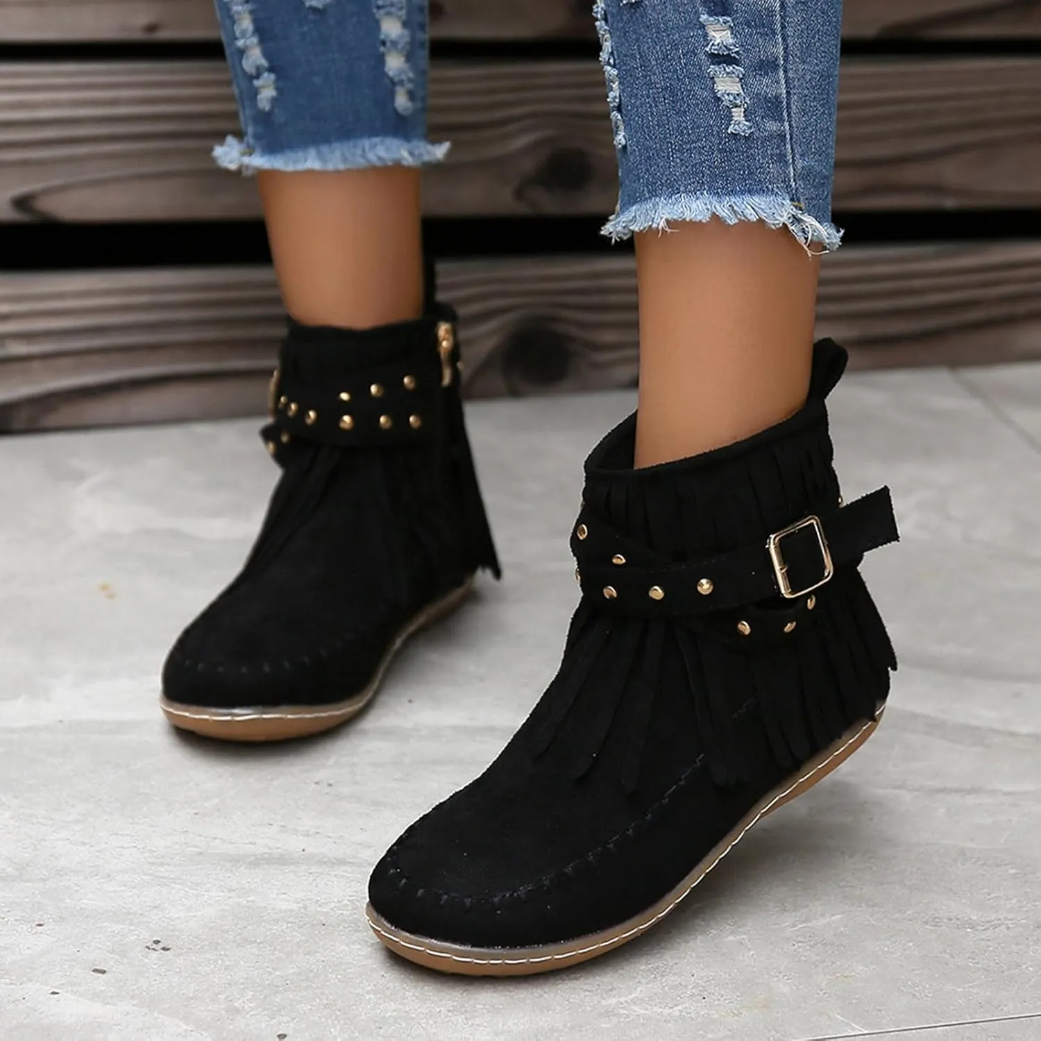 Flats Suede Boots For Women Fringe Cowboy Boots Low Heel Moccasin Boots Winter Warm Slouch Boots Short Boots