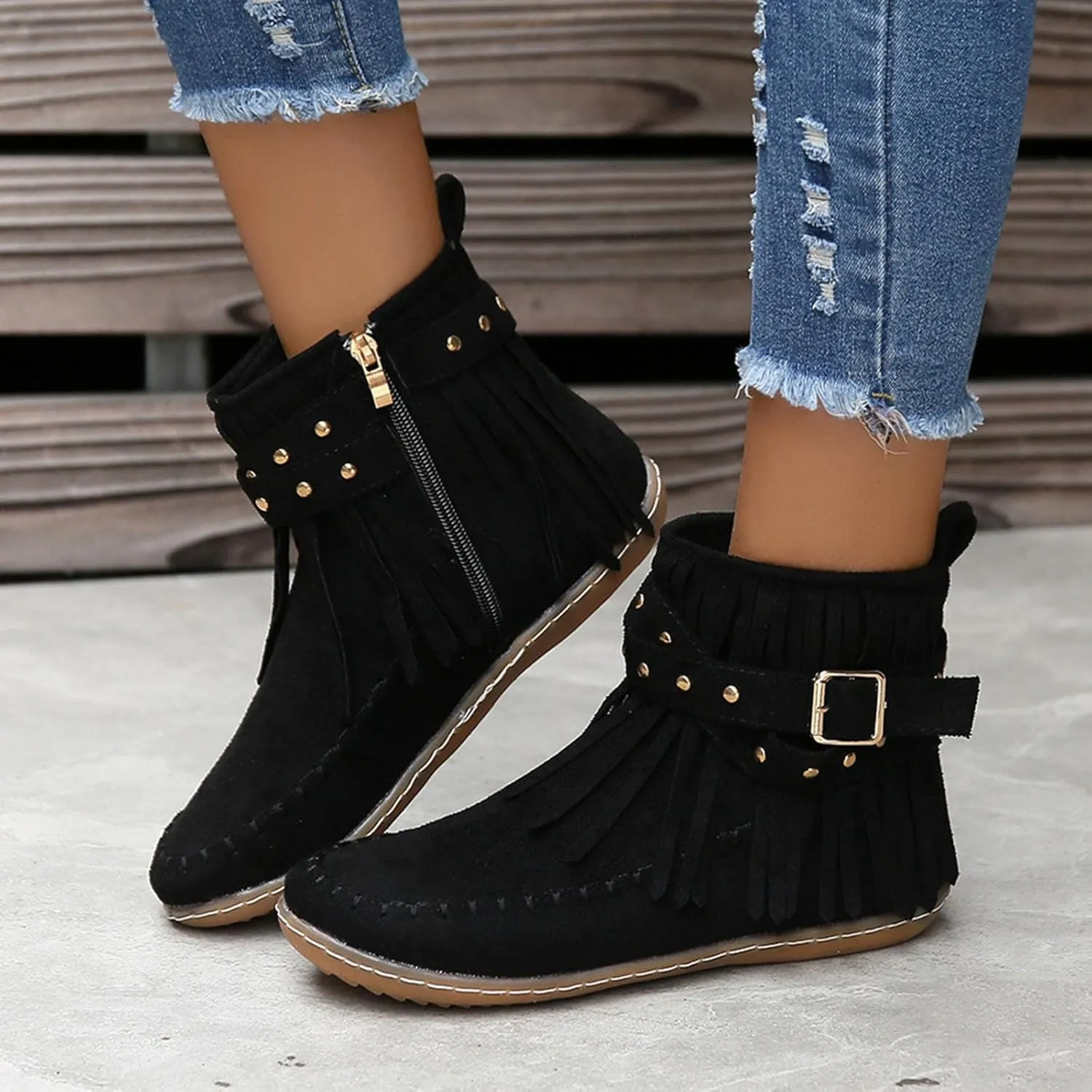 Flats Suede Boots For Women Fringe Cowboy Boots Low Heel Moccasin Boots Winter Warm Slouch Boots Short Boots