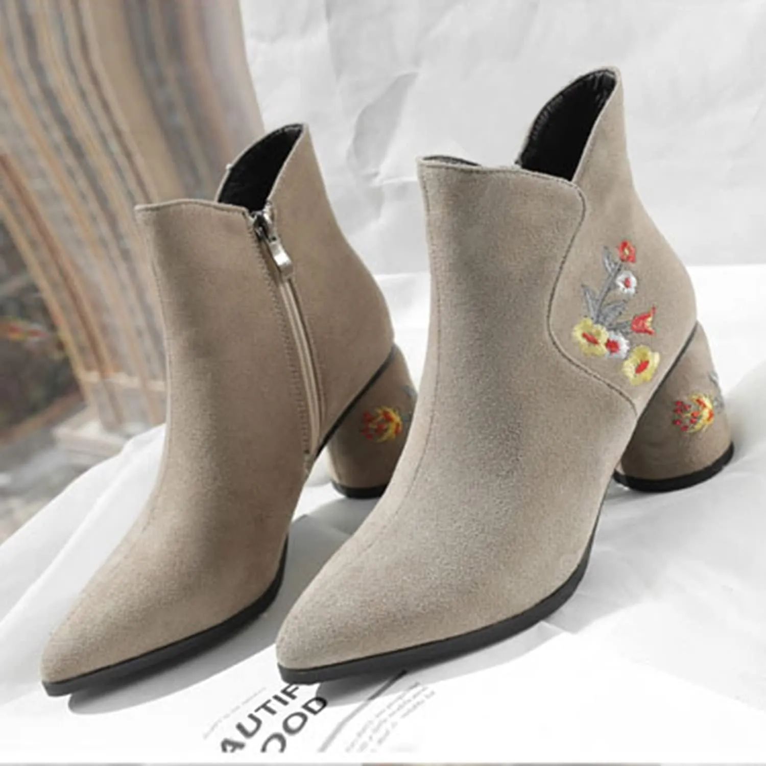 FOWT Women's Synthetic Suede Elegant Embroidered Pointed Toe Solid Ankle Boots Dressy Block 3 IN Heel Zip up Booties Fall Comfort Street Show Folk Style Short Shoes, Black US Size 4-15 M