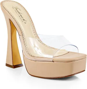 FREDERICK'S OF HOLLYWOOD Open Square Toe Platform Mule with Trapezoid Heel Slide-On Sandal - Trendy Women's Sandal with Chunky Sole, Chic Summer Footwear, FOH-ELAINA(CLEAR, Size 9.5)