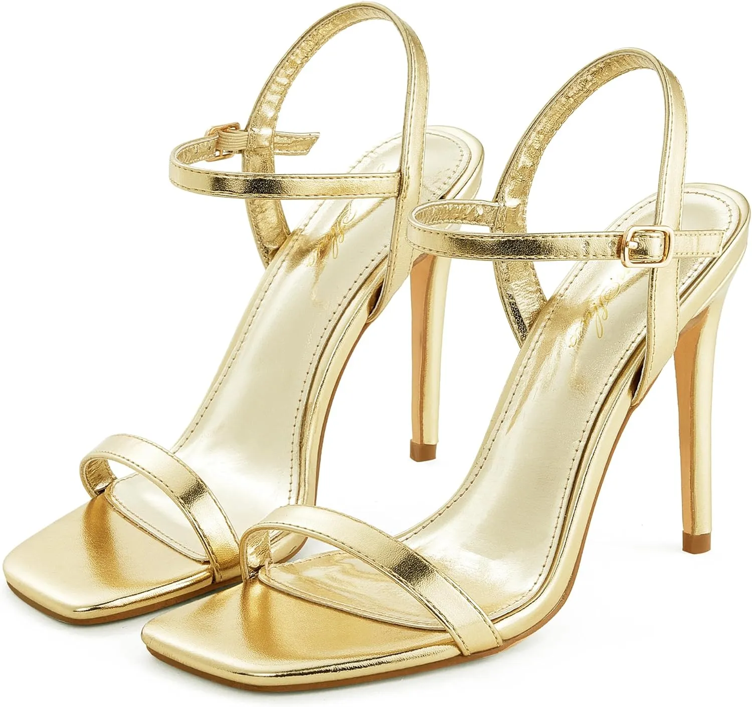 GENSHUO Women's Square Toe Strappy Stiletto Heels,4 Inch Open Toe Heel Sandals Ankle Strap Buckle Sexy High Heeled Prom Party Wedding Daily Wear Dress Shoes