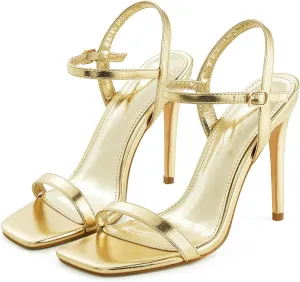 GENSHUO Women's Square Toe Strappy Stiletto Heels,4 Inch Open Toe Heel Sandals Ankle Strap Buckle Sexy High Heeled Prom Party Wedding Daily Wear Dress Shoes