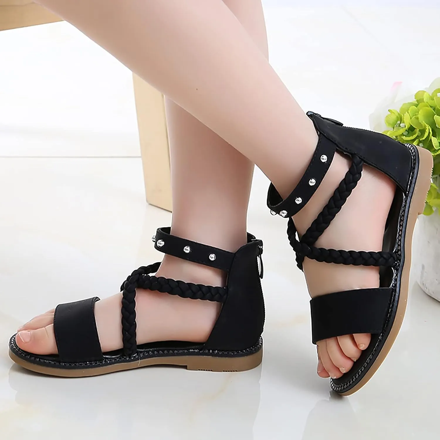 Girls Gladiator Sandals with Back Zipper Kids Open Toe Cross Strappy Flat Sandal Casual Summer Dress Sandals for Girl