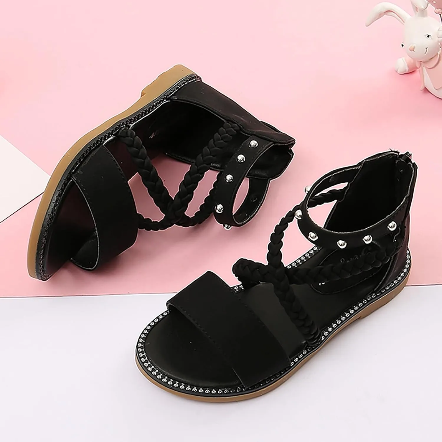 Girls Gladiator Sandals with Back Zipper Kids Open Toe Cross Strappy Flat Sandal Casual Summer Dress Sandals for Girl