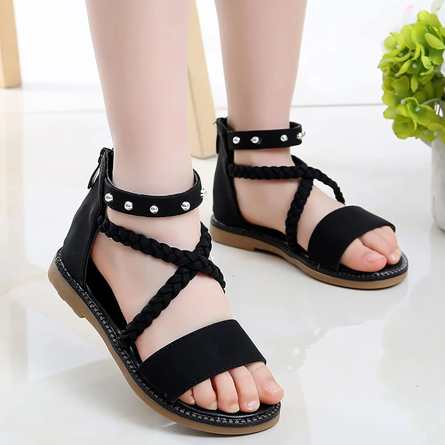 Girls Gladiator Sandals with Back Zipper Kids Open Toe Cross Strappy Flat Sandal Casual Summer Dress Sandals for Girl