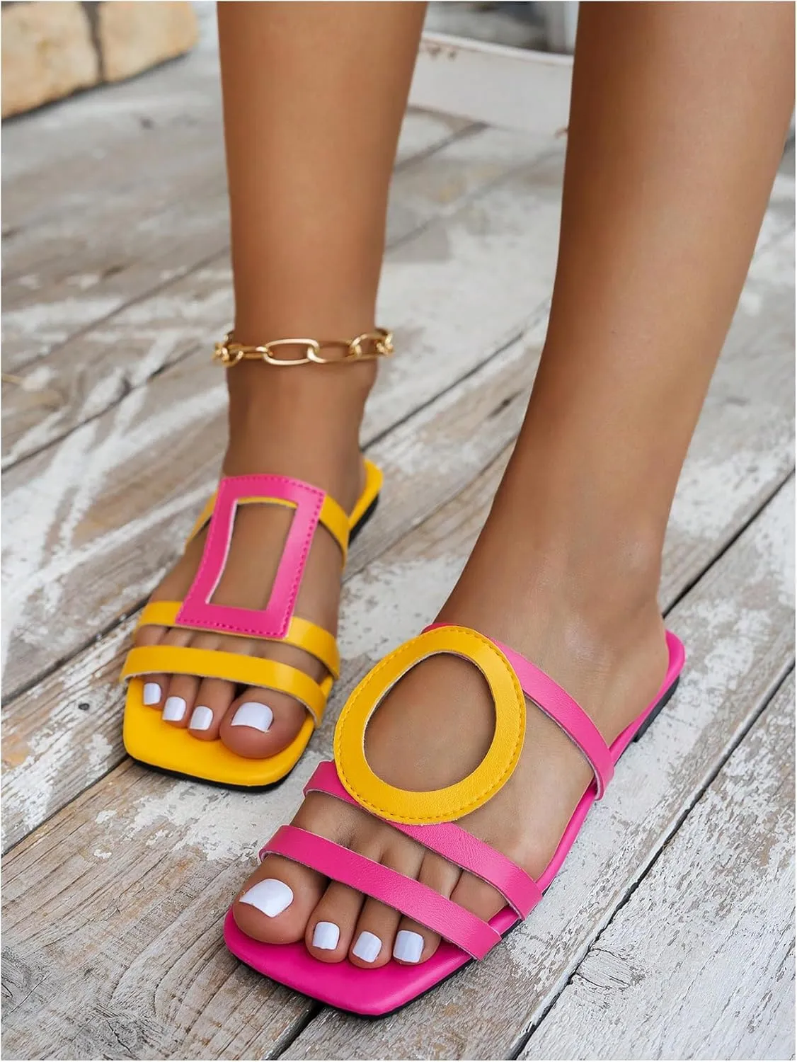 GORGLITTER Women's Color Block Dressy H Flat Sandals Strappy Square Open Toe Slip On Slide Sandals