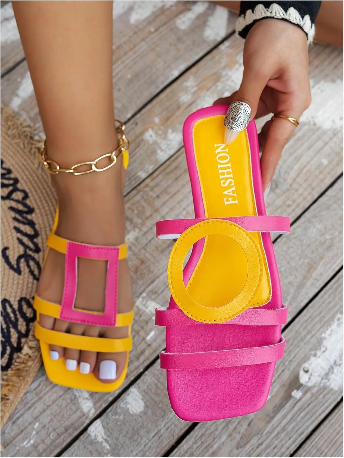 GORGLITTER Women's Color Block Dressy H Flat Sandals Strappy Square Open Toe Slip On Slide Sandals