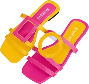 GORGLITTER Women's Color Block Dressy H Flat Sandals Strappy Square Open Toe Slip On Slide Sandals