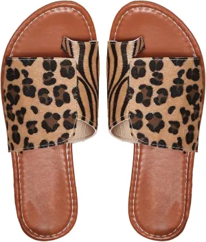 GORGLITTER Women's Leopard Cheetah Print Flat Sandals Open Toe Toe Ring Slides Shoes