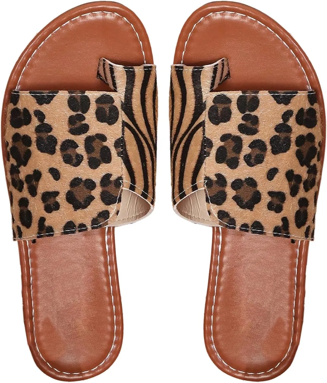 GORGLITTER Women's Leopard Cheetah Print Flat Sandals Open Toe Toe Ring Slides Shoes