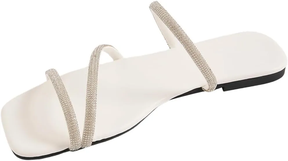 GORGLITTER Women's Rhinestone Flat Strappy Sandals Dress Open Toe Slip on Slide Sandals