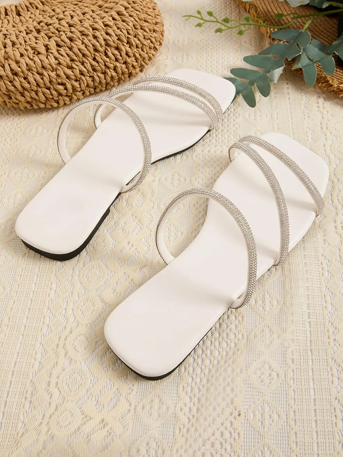 GORGLITTER Women's Rhinestone Flat Strappy Sandals Dress Open Toe Slip on Slide Sandals
