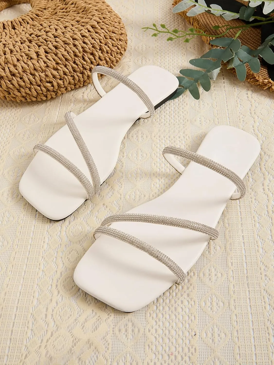 GORGLITTER Women's Rhinestone Flat Strappy Sandals Dress Open Toe Slip on Slide Sandals