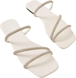 GORGLITTER Women's Rhinestone Flat Strappy Sandals Dress Open Toe Slip on Slide Sandals