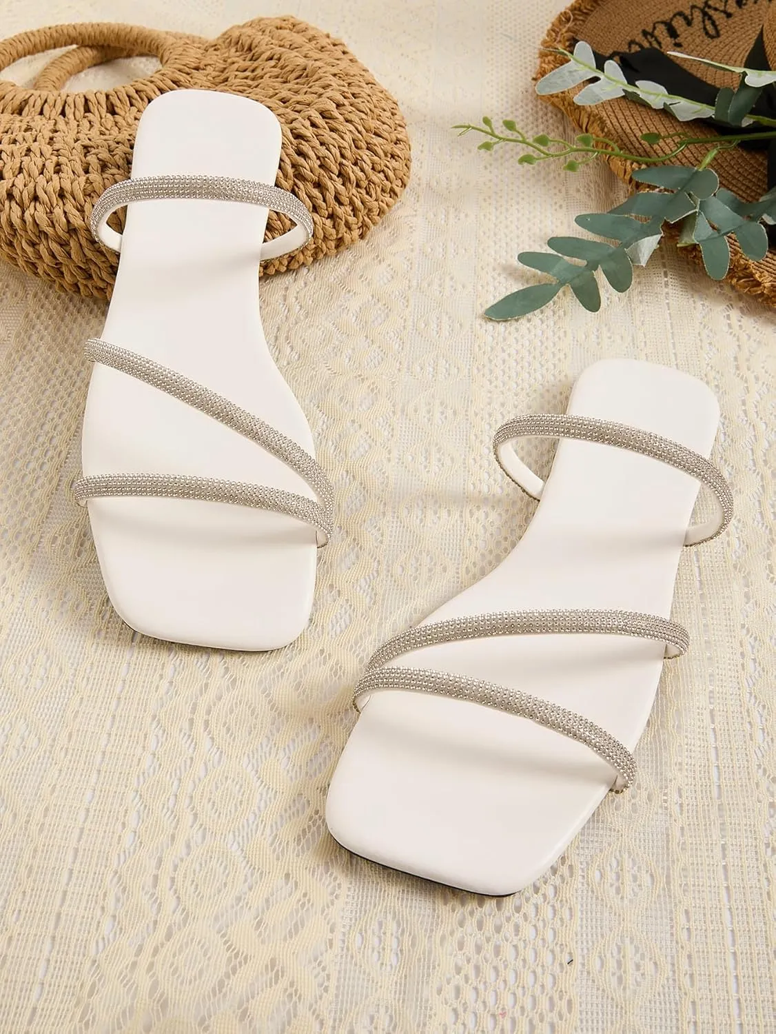 GORGLITTER Women's Rhinestone Flat Strappy Sandals Dress Open Toe Slip on Slide Sandals