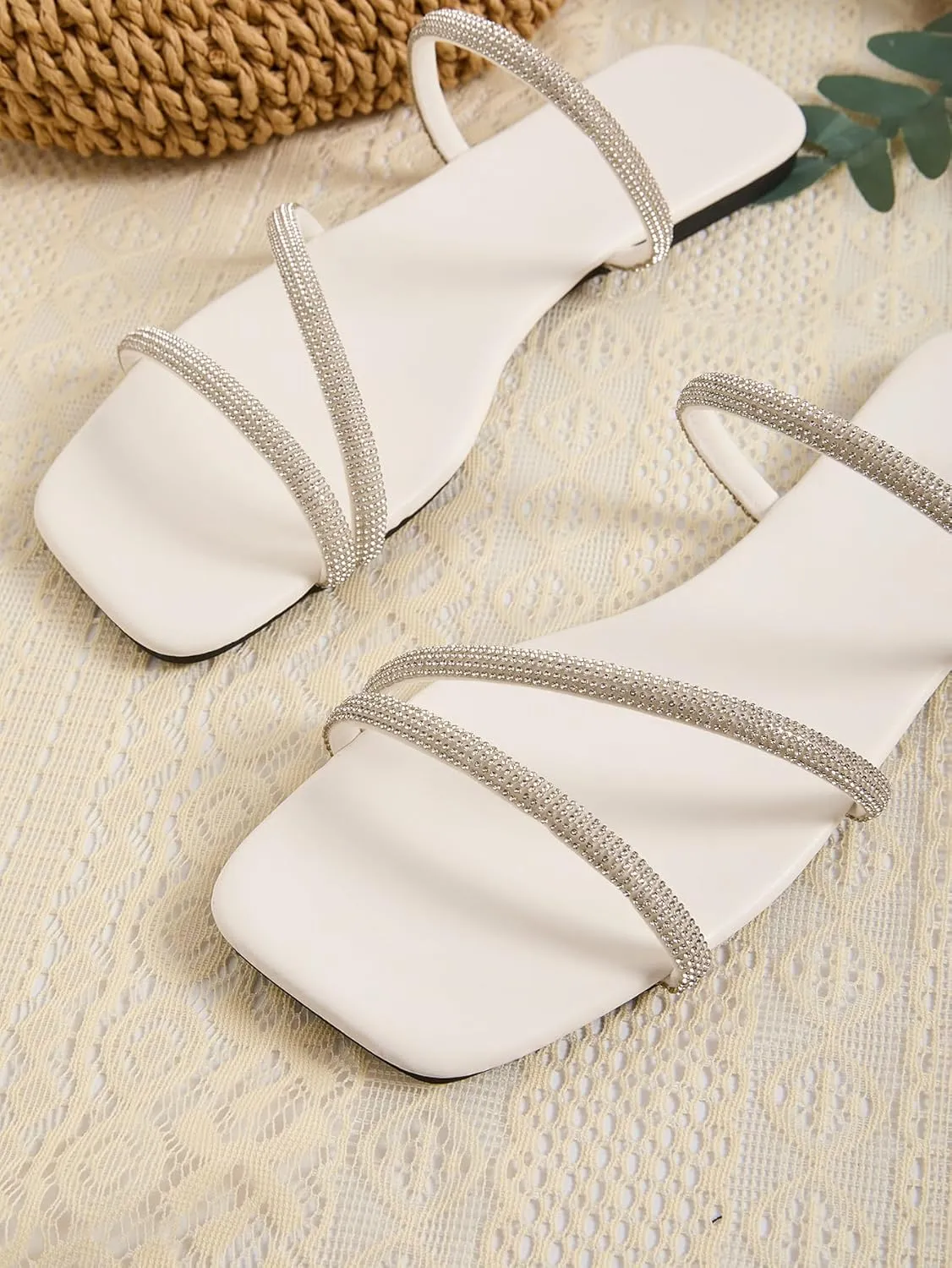GORGLITTER Women's Rhinestone Flat Strappy Sandals Dress Open Toe Slip on Slide Sandals