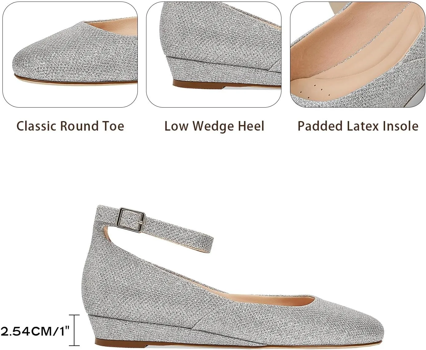 GOSERCE Ballet Flats Shoes for Women with Pointed Toe Low Wedge Ankle Strap Comfortable Dressy Casual Party Business Work Lady Shoes Summer