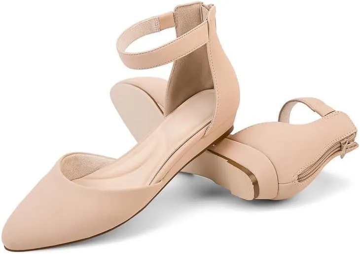 GOSERCE Low Wedges Ankle Strap Flats Shoes with Back Zipper Dress Comfortable Pointed Toe Low Wedge Heel Work Office Dressy Shoes