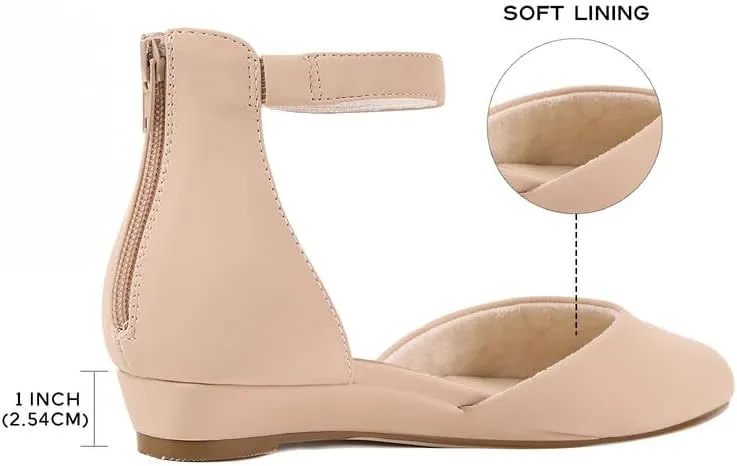 GOSERCE Low Wedges Ankle Strap Flats Shoes with Back Zipper Dress Comfortable Pointed Toe Low Wedge Heel Work Office Dressy Shoes