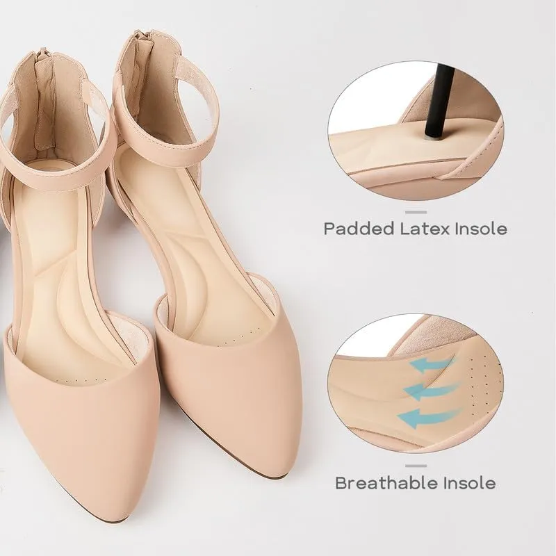 GOSERCE Low Wedges Ankle Strap Flats Shoes with Back Zipper Dress Comfortable Pointed Toe Low Wedge Heel Work Office Dressy Shoes