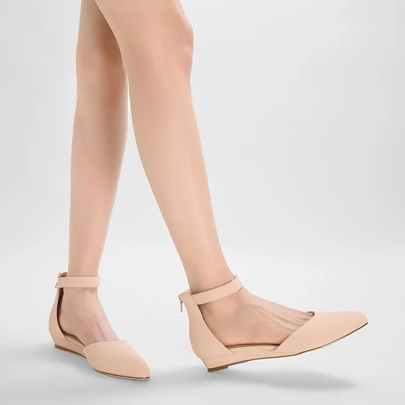 GOSERCE Low Wedges Ankle Strap Flats Shoes with Back Zipper Dress Comfortable Pointed Toe Low Wedge Heel Work Office Dressy Shoes