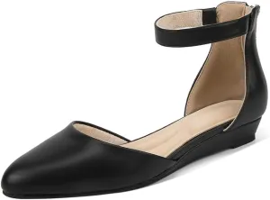 GOSERCE Low Wedges Ankle Strap Flats Shoes with Back Zipper Dress Comfortable Pointed Toe Low Wedge Heel Work Office Dressy Shoes