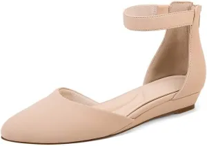 GOSERCE Low Wedges Ankle Strap Flats Shoes with Back Zipper Dress Comfortable Pointed Toe Low Wedge Heel Work Office Dressy Shoes