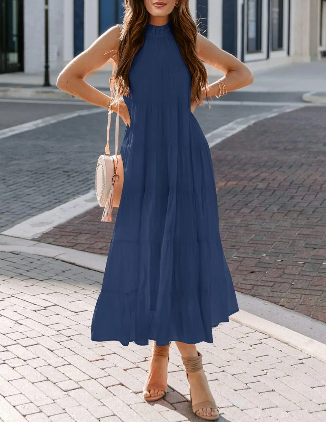 HAEOF Women's Summer Sleeveless Halter Midi Maxi Dress Casual Pleated Tiered Flowy Beach Vacation Long Dresses Sundress