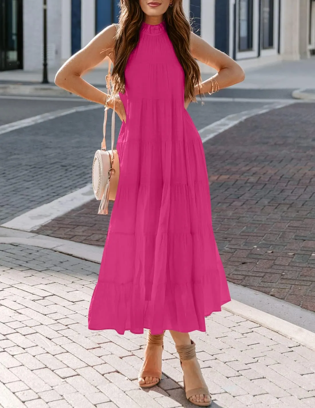 HAEOF Women's Summer Sleeveless Halter Midi Maxi Dress Casual Pleated Tiered Flowy Beach Vacation Long Dresses Sundress