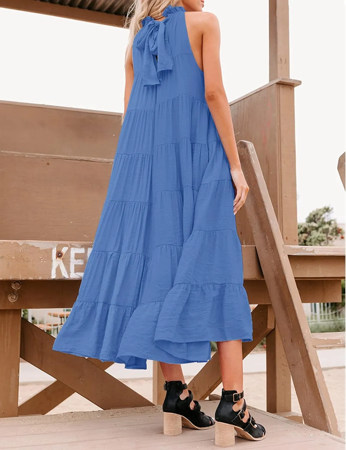 HAEOF Women's Summer Sleeveless Halter Midi Maxi Dress Casual Pleated Tiered Flowy Beach Vacation Long Dresses Sundress