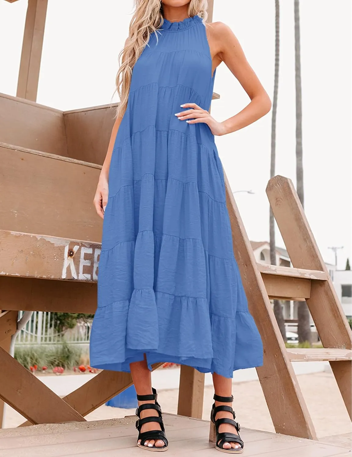 HAEOF Women's Summer Sleeveless Halter Midi Maxi Dress Casual Pleated Tiered Flowy Beach Vacation Long Dresses Sundress