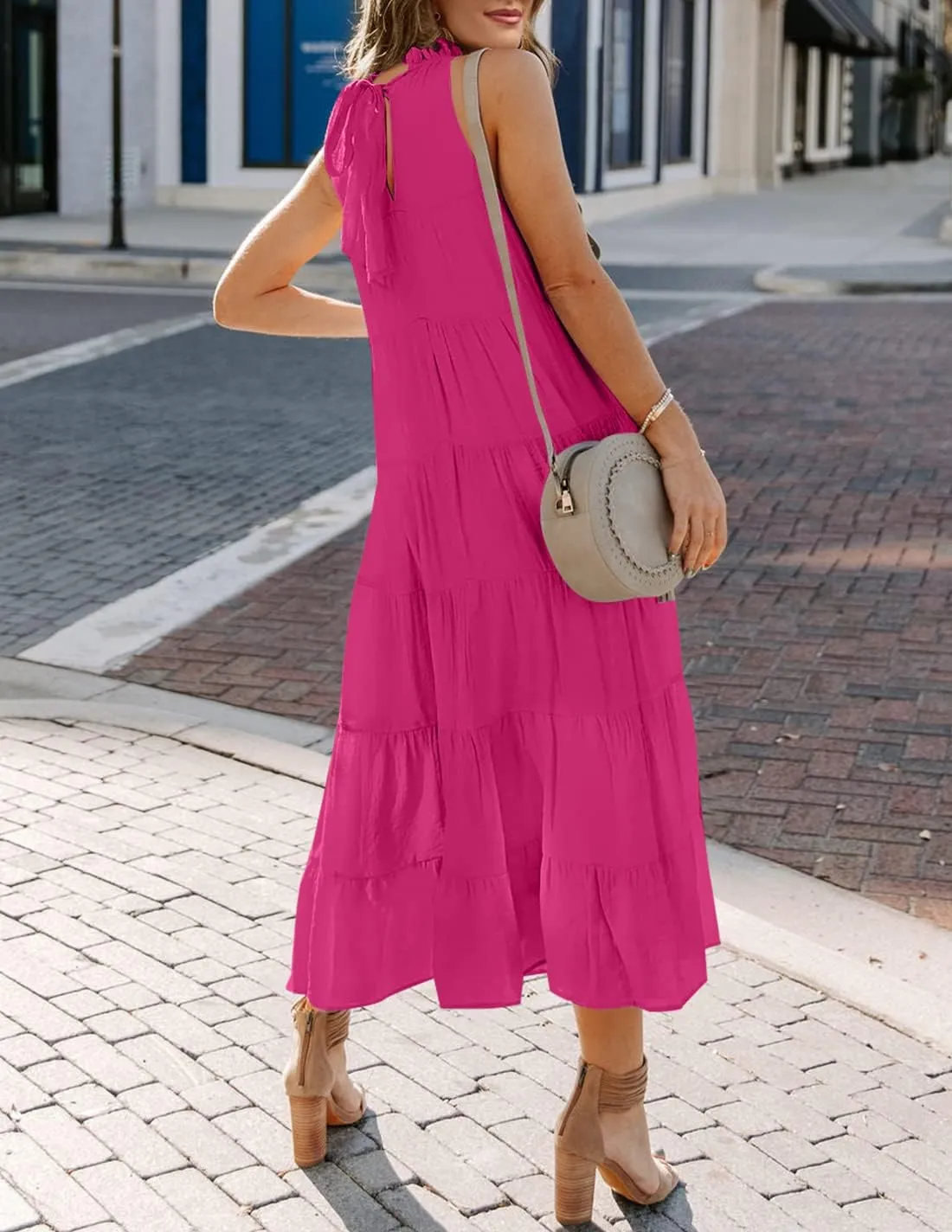 HAEOF Women's Summer Sleeveless Halter Midi Maxi Dress Casual Pleated Tiered Flowy Beach Vacation Long Dresses Sundress