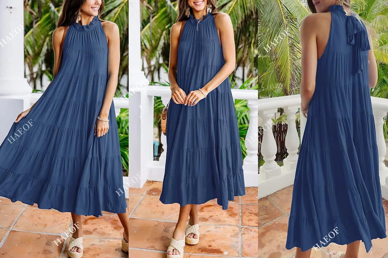 HAEOF Women's Summer Sleeveless Halter Midi Maxi Dress Casual Pleated Tiered Flowy Beach Vacation Long Dresses Sundress